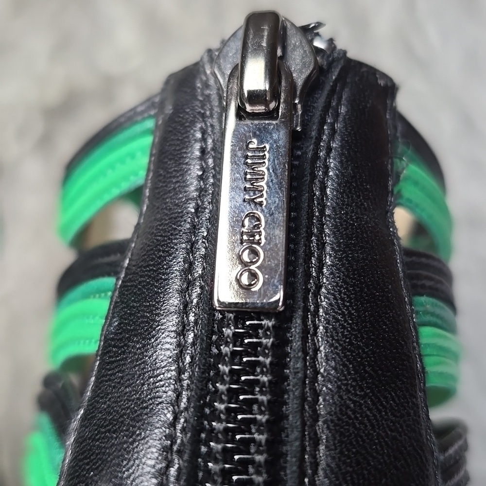 Jimmy Choo Black/Green Leather Corsica Ankle Strap Sandals Size 37.5 - Picture 6 of 17